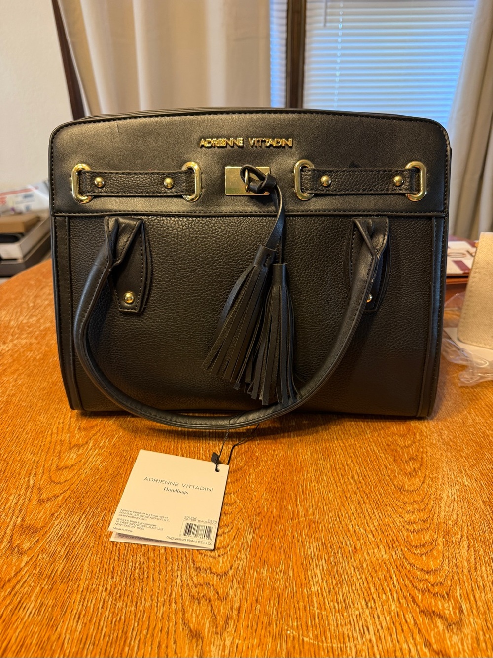 Adrienne Vittadini Black Leather Tassel Satchel with Gold Hardware